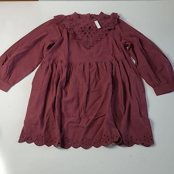 $140 NEW MADEWELL LONG SLEEVE MULBERRY MAROON RUFFLE MINI DRESS L LARGE NWT - Picture 8 of 14